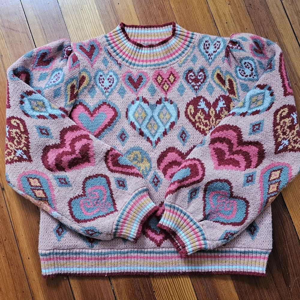 &merci Pink Heart Print Pattern Mock Neck Sweater Size Small